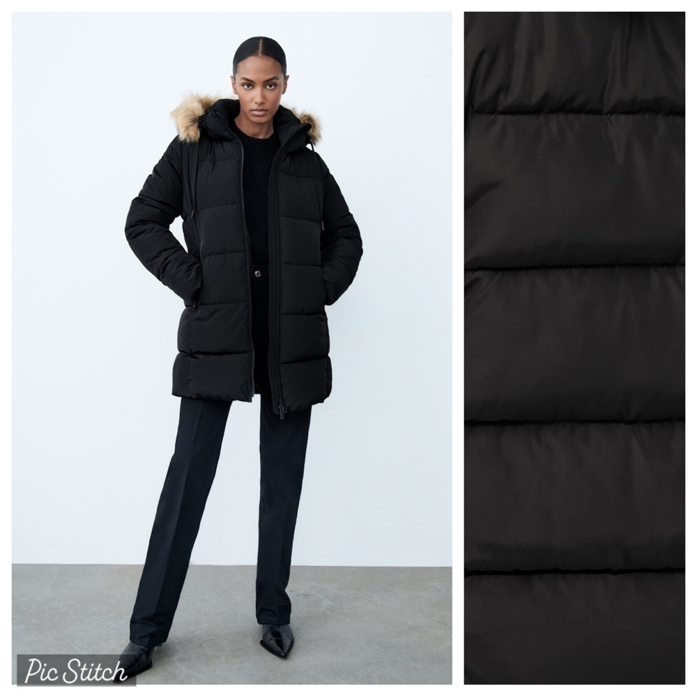 NWT. Zara Black Long Water-Repellent Puffer Parka/Coat. Size S.